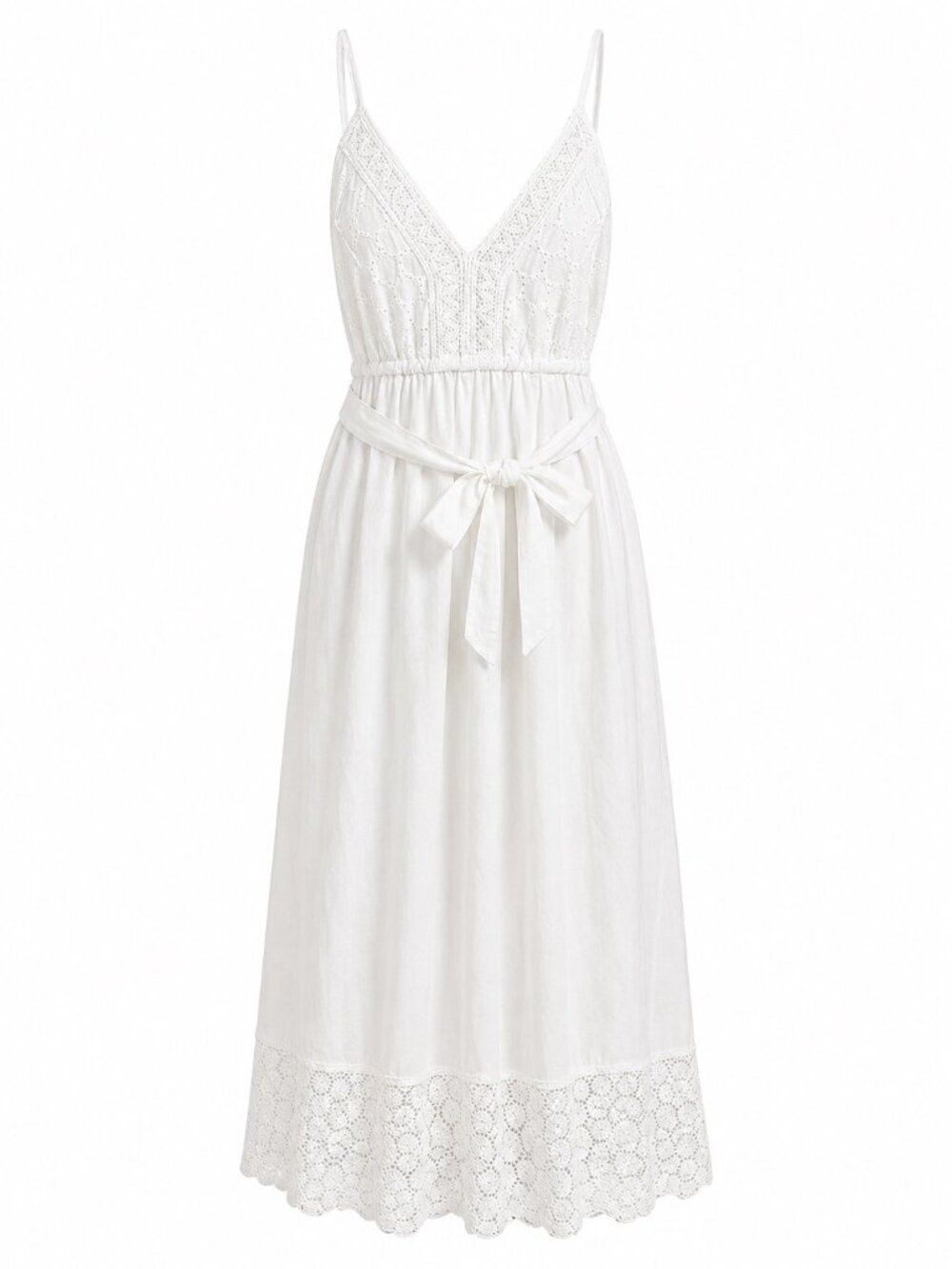 White Waves Womens White Cotton Eyelet Midi Dress With Adjustable Straps & Belt